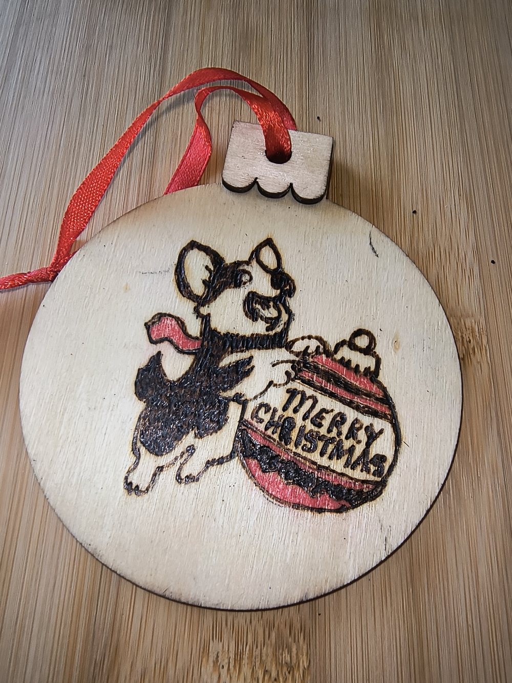 Hand Crafted Wooden Dog Ornament in Red and Black